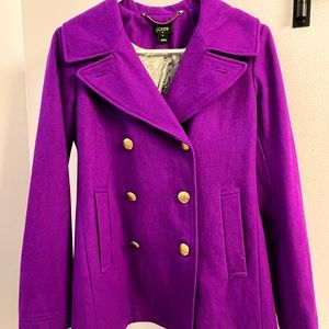 J.Crew mid-length purple woolblend double breasted peacoat (gold accent), size 0